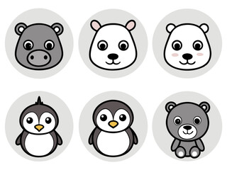 Adorable cartoon animal faces featuring a hippo pandas penguins and a bear