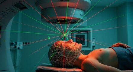 Obraz premium Advanced Radiotherapy Treatment: Patient Undergoing Precise Laser-Guided Cancer Radiation Therapy