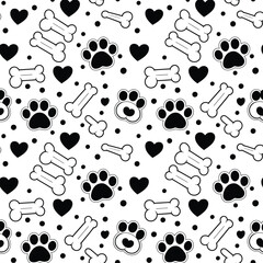 Dog Paw Prints Bones Hearts Pattern on White, Pet Lover Theme, Seamless Design