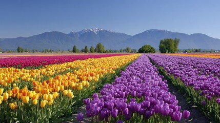 Vibrant Tulip Field under Clear Blue Sky with Majestic Mountains in Background