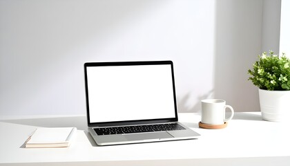 home workspace featuring a sleek laptop on a white desk