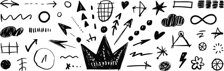 Doodle Sketch Element Set with Crown, Arrows, Hearts, Stars on White Background