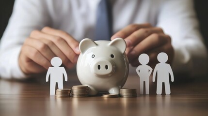 A hand places a coin into a piggy bank, symbolizing savings and financial planning for family needs, surrounded by paper silhouettes representing family members.