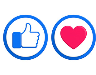 3d Like and love icon button. Thumbs up and heart flat icon in modern 3d buttons circ 