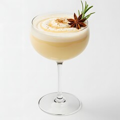Creamy cocktail with star anise and rosemary garnish