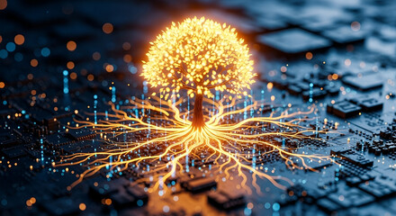 Glowing Tree of Knowledge on Circuit Board Symbolizing Growth of Technology and Artificial Intelligence Development and Connectivity