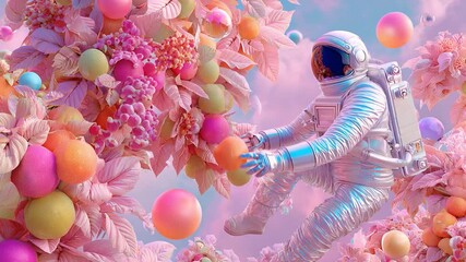 Astronaut explores a surreal garden filled with vibrant fruits and soft pastel colors in a dreamy landscape