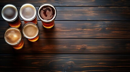 Top view of a dark wooden table with craft beer glasses on it, in a flat lay arrangement. Space for text or design.