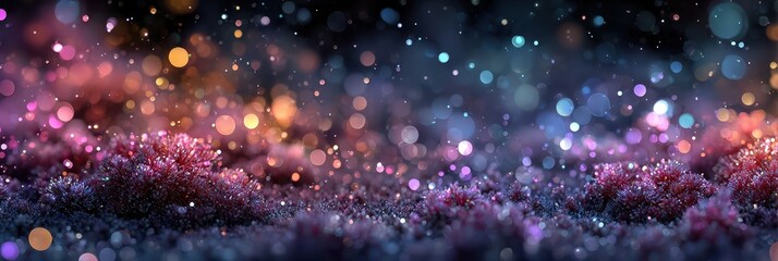 Fototapeta premium Colorful bokeh lights and shimmering particles create a magical atmosphere in a dark setting during a winter evening