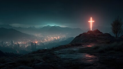 City skyline illuminated by a glowing cross atop a mountain at night presents a serene contrast to urban energy