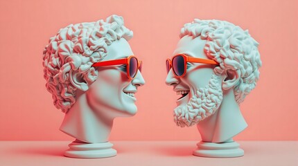 Two smiling classical busts, wearing modern sunglasses, face each other against a pink background.