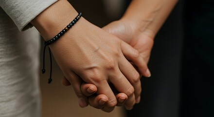 A Detailed View of Two Hands Holding Each Other, One with a Silver Ring and a Bracelet on the Other, Representing Trust and Togetherness
