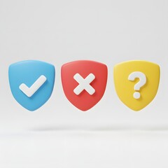 Three shields with icons check cross and question mark