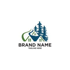 Mountain Cabin Logo with Evergreen Trees and Rooftop Silhouette