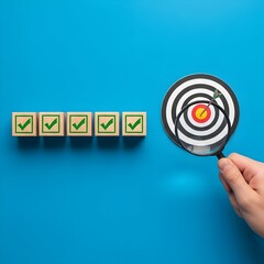 Achieving Goals and Completing Tasks Wooden Blocks with Checkmarks and Target with Magnifying Glass on Blue Background