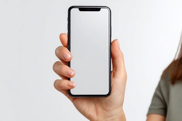 Close up of a woman s hand holding a modern smartphone with a blank white screen against a plain background