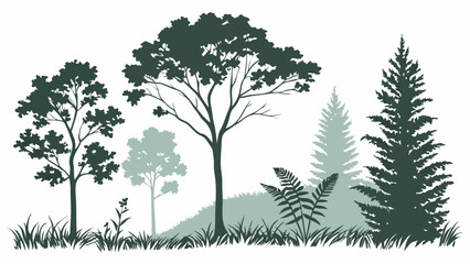 Beautiful green forest trees silhouette vector illustration with diverse deciduous and evergreen trees grass and ferns nature landscape background