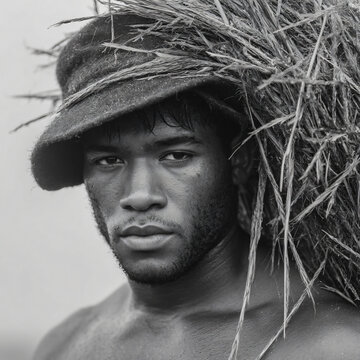 Black and White Portrait Young Man Wearing Straw Hat Field Agriculture Farmer Closeup Serious Expression Strong Masculine Intense Barechest Nature Labor Rural Traditional 