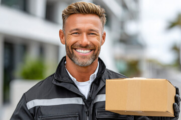 Courier Service Logistics Man Smiling Delivering Package Outdoors Professional Delivery Man Happy Client Urban Lifestyle Business Team Trust Efficiency Courierservice Adult Confident Achievement