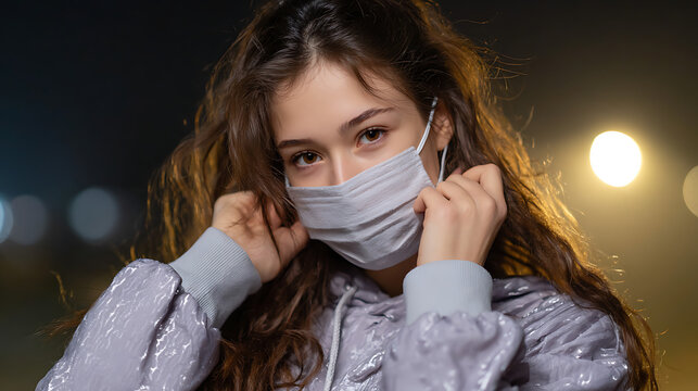 Young Woman Adjusting Face Mask Night City Environment Lifestyle Portrait Urban Setting Close-Up View Health Awareness