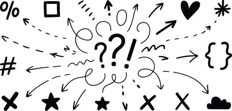 Hand Drawn Doodle Elements Set on White Background Arrows, Symbols, Shapes and Question Mark