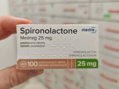 Prague,Czech republic-July 8 2025: box of SPIRONOLACTONE Czech medication with SPIRONOLAKTON active substance made by pharmaceutical company MEDREG	
