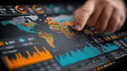 Business leader explores global KPIs using interactive dashboard with color-coded targets, map overlays, and growth metrics for international strategy planning.