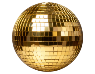  Shiny golden disco ball with reflective mirror tiles, isolated on transparent background PNG