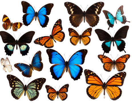 Colorful collection of butterflies displayed on a Transparent Background