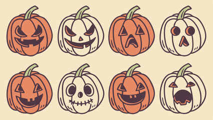 Eight unique cartoon Halloween jack-o-lanterns. This collection showcases various carved pumpkin faces, from spooky and angry to happy and funny, in orange and white.