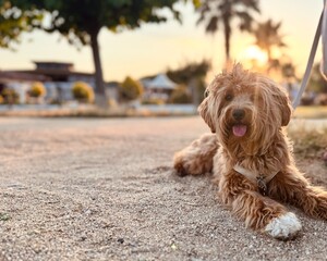 Dog resting on the promenade at sunset after a walk – warm golden light and peaceful evening