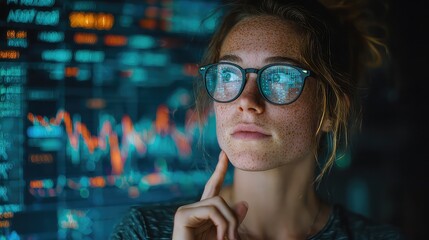 Businesswoman interacts with transparent digital finance interface showing live currency exchange, NFT market data, and economic trends in high-tech corporate environment.