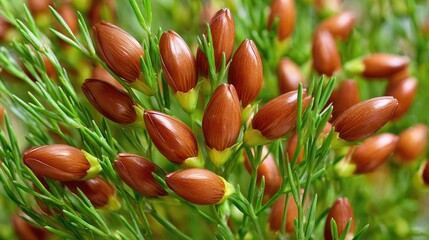 Close-up of numerous reddish-brown flower buds on green stems.