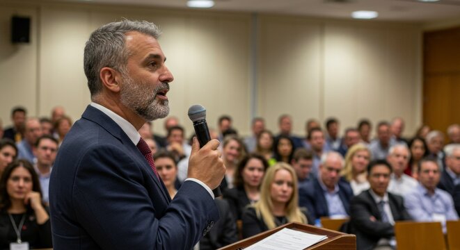 man speaking with microphone at business conference - Powered by Adobe