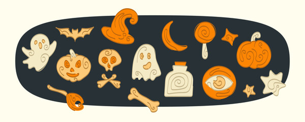 illustration Halloween set of freehand drawings pumpkins ghosts magic broom magic stickers