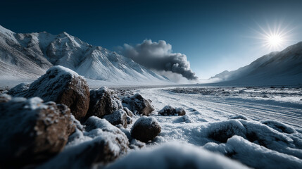 Obraz premium Dramatic volcanic winter landscape with mounds of black lava rock in the foreground, dark smoke billowing from a distant volcanic vent, snow-covered terrain and mountains under a bright blue sky,
