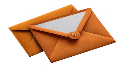 Two orange envelopes, one open with a white card and one closed, isolated on transparent background