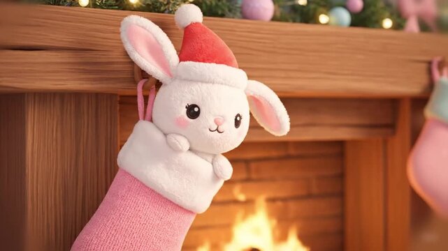 Animated bunny plush with Santa hat peeks from pastel stocking on a wooden fireplace, cozy holiday scene