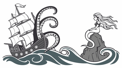 Mythical grayscale illustration of a giant kraken attacking an old sailing ship on stormy seas, with a beautiful mermaid watching from a rocky outcrop. Fantasy art.