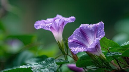 Two vibrant purple morning glories covered in water droplets.
