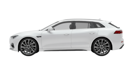 A contemporary white SUV, meticulously detailed with sleek, aerodynamic lines and multi-spoke alloy wheels, presented in a pure transparent studio with shadowless illumination, side profile shot,