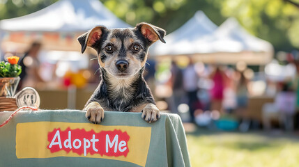  Small dog at adoption event with sign outdoors