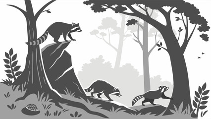 Black and white graphic illustration of three wild raccoons in a natural forest habitat. One raccoon on a rock, two on the ground. Woodland wildlife art.