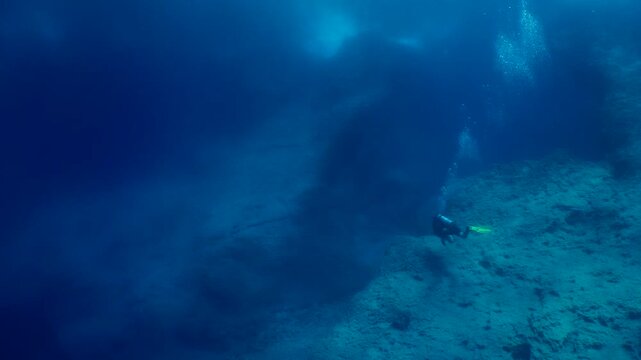 scuba divers are exploring the reefs and topography underwater