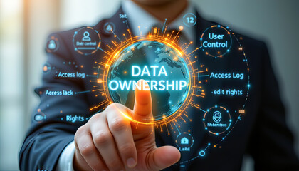 A businessman interacts with a digital globe displaying data ownership concepts and control options.