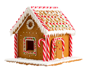 Festive gingerbread house decorated with candy canes  