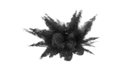 A dynamic explosion of dark grey and black particulate matter, irregular fragments and fine dust, scattering outwards in frozen motion, isolated on a crisp white background, concept of energetic