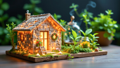 Fototapeta premium A cozy miniature house adorned with lights and plants, serene setting.