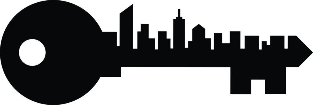 Silhouette key with city skyline buildings, urban concept icon, black vector illustration, real estate, security, investment, architecture, city access