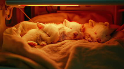 Four newborn white kittens sleeping under warm light